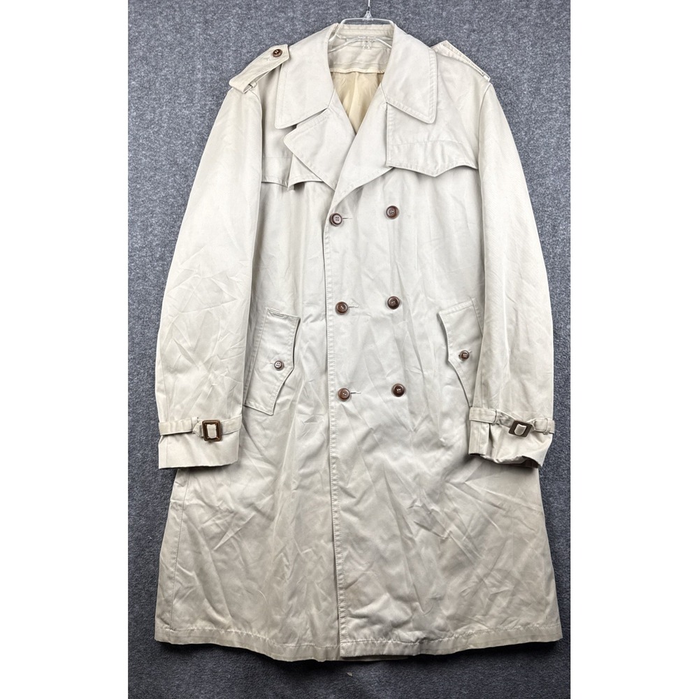 Vintage Sears Trench Coat 46 Long Khaki Plaid Lining Double Breast Inspector 70s